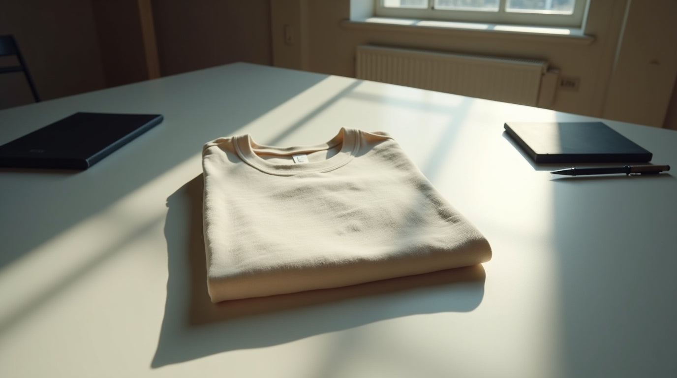  Folded beige t-shirt on desk with morning light, symbolizing the launch of BBT APPAREL and the story behind Bet on Yourself.