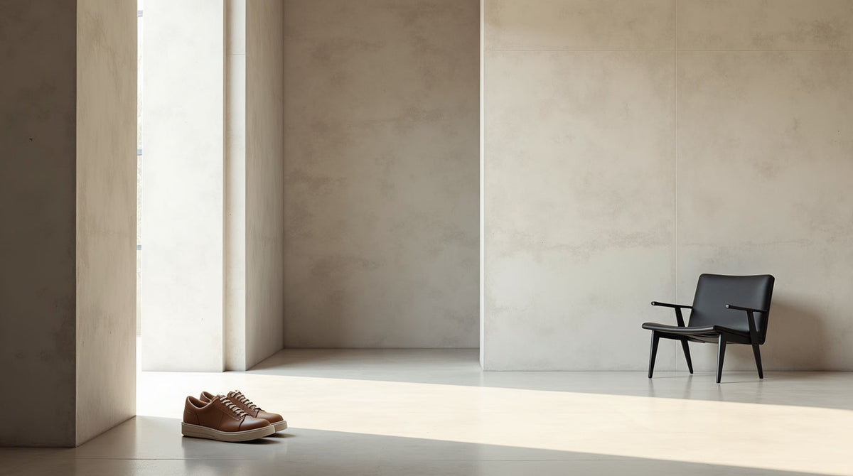 Minimalist editorial artwork of a clean concrete space with tan sneakers and a black chair under soft natural light, representing Ye’s quiet power and empire built on simplicity.