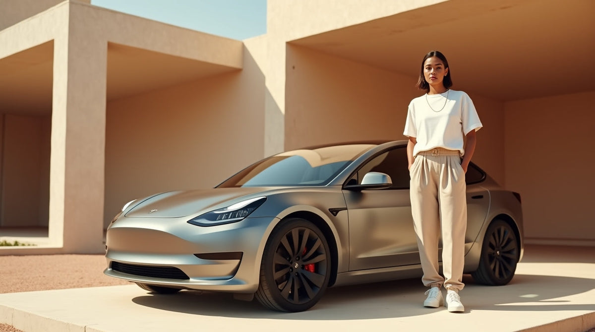 Hyper-realistic image of a man in minimalist off-white streetwear standing beside a Tesla in front of a warm beige backdrop, symbolizing modern discipline and quiet confidence