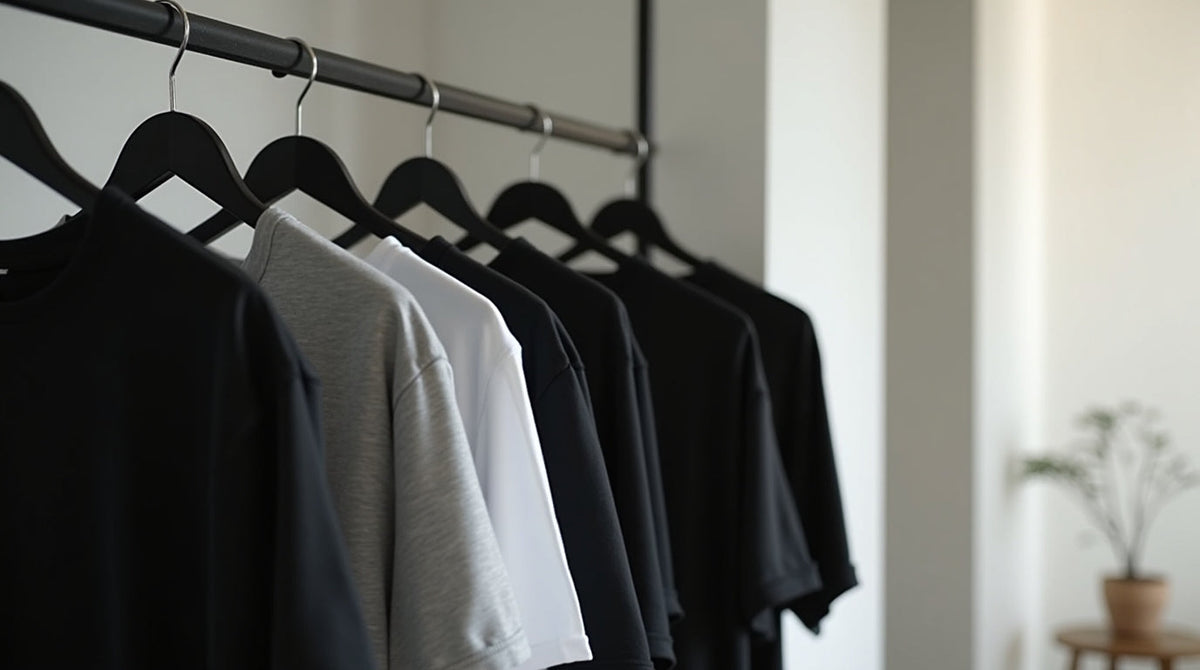 Minimalist row of black, grey, and white t-shirts hanging neatly on black hangers in a bright, modern room with soft natural light
