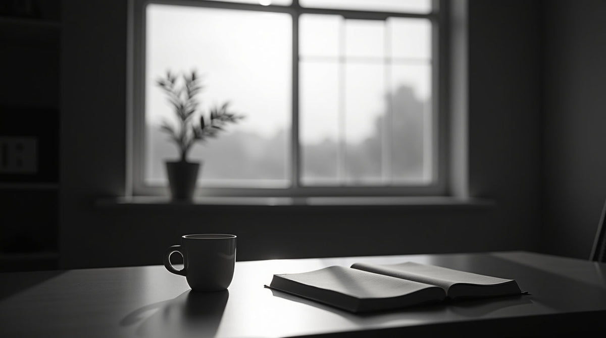 Open book and coffee mug by window — minimalist workspace for mindset and creativity