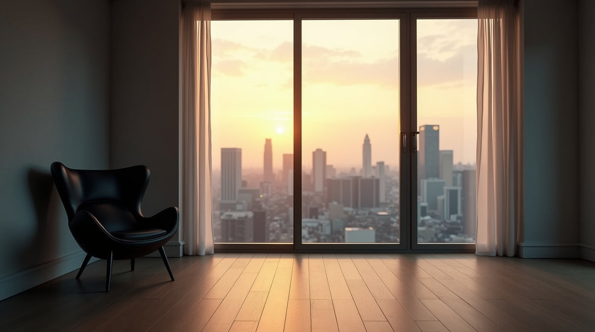 Minimalist loft interior with a single black chair facing floor-to-ceiling windows, overlooking a city skyline at sunrise, conveying quiet confidence and modern sophistication.