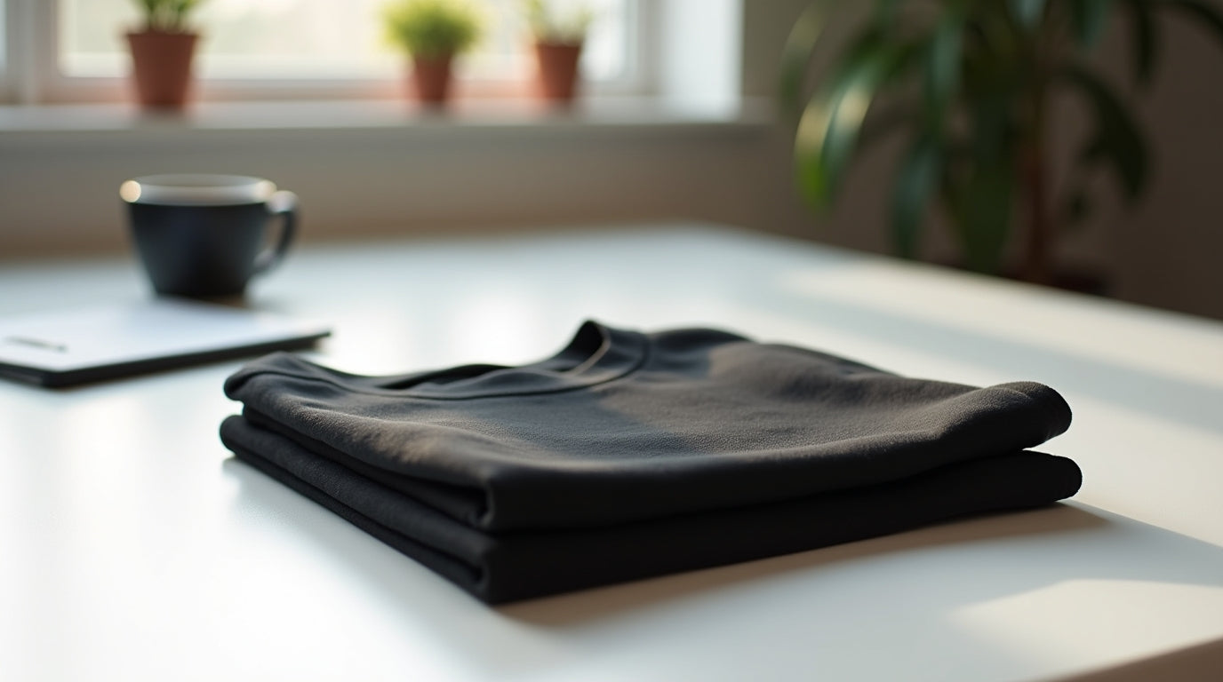  Minimalist product photo of a neatly folded black t-shirt on a white desk with coffee mug and tablet in the background, symbolizing the journey from side hustle to clothing brand.