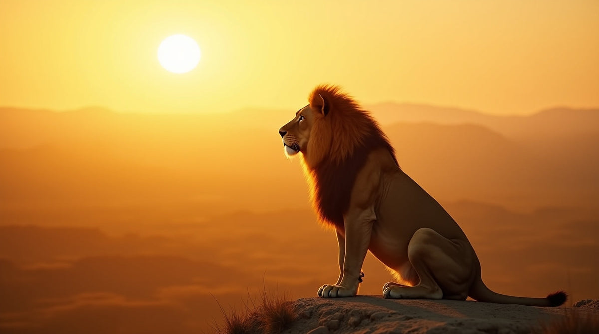 Hyper-realistic image of a calm lion sitting on a hill at sunrise, bathed in golden light, symbolizing quiet power, confidence, and disciplined leadership.