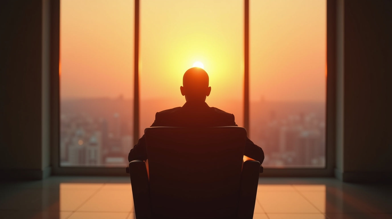 Silhouette of a focused entrepreneur sitting in a chair, gazing at a city skyline during sunrise — symbolizing clarity, mindset, and vision.