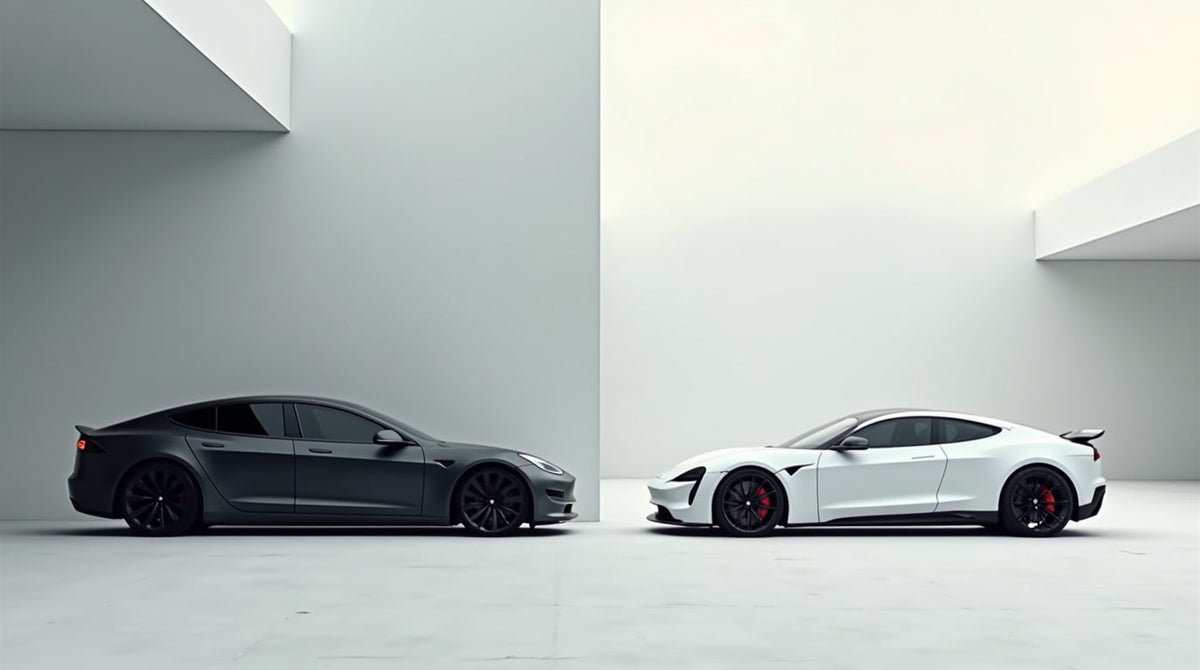Minimalist artwork of a matte black Tesla parked beside a luxury white sports car, symbolizing discipline, success, and the modern builder’s uniform