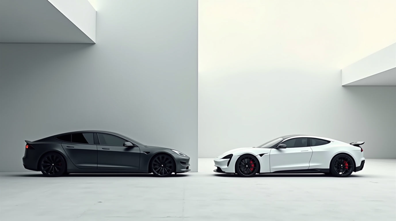 Minimalist artwork of a matte black Tesla parked beside a luxury white sports car, symbolizing discipline, success, and the modern builder’s uniform