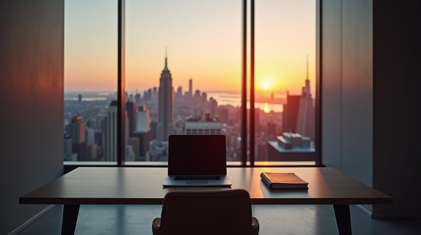 Minimal conceptual illustration of a clear path rising toward a glowing horizon, symbolizing the discipline and energy of a founder